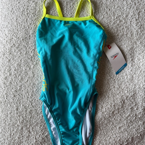 NWT Speedo Retro Aqua + Lime/Yellow Swimsuit - Size 26 - Picture 1 of 3